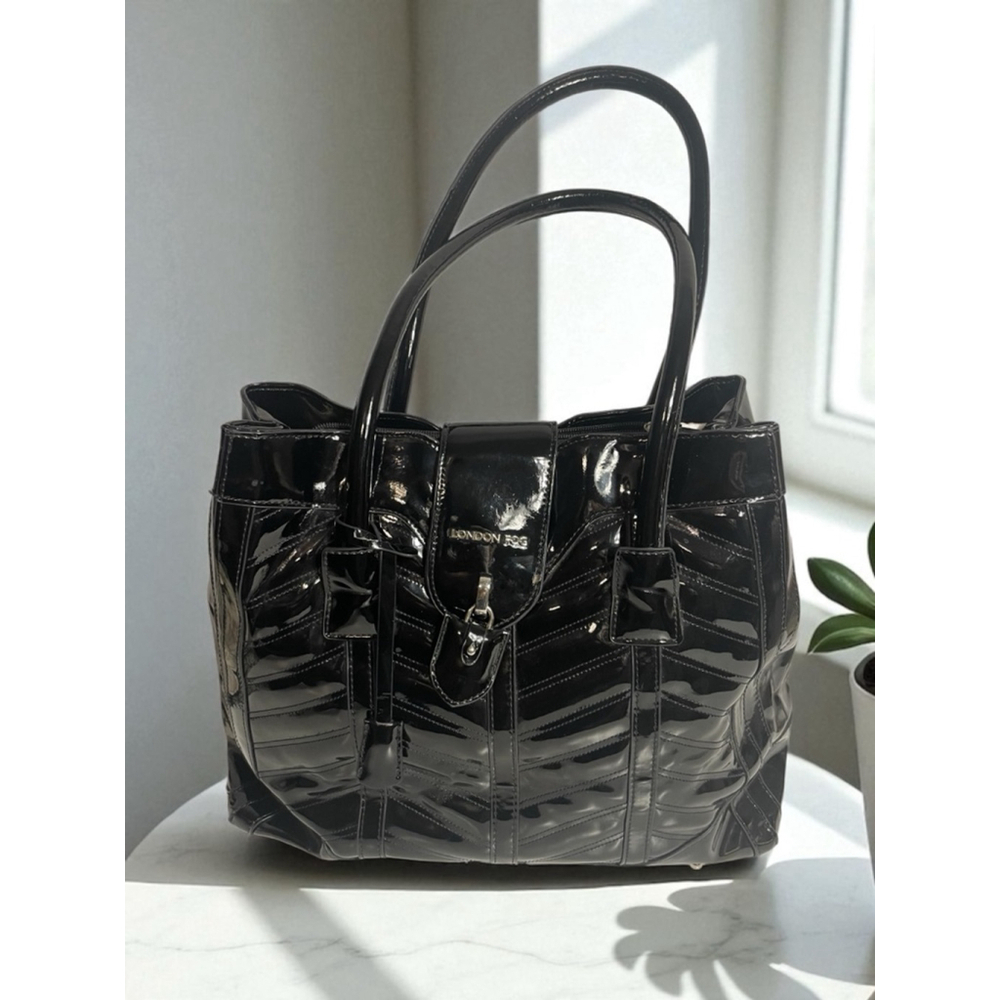 Women's London Fog Large Black Patent Shiny Faux Leather Tote HandBag